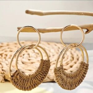 Adorable Handwoven Brown & Gold Rattan Boho Hoop Earrings- NEW!